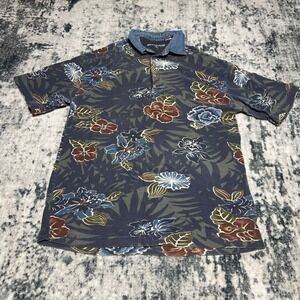 Fry-Day by NRK Mens XL Polo Shirt Vintage 90s Floral Tropical Denim Collar Navy